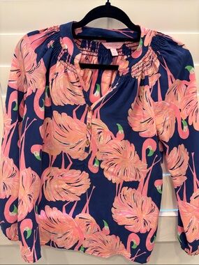 Lily Pulitzer set - Navy Floral Blouse - Pink Floral & Navy Linen pants (long)